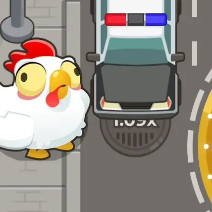 Poulet de Chicken Road devant une voiture de police